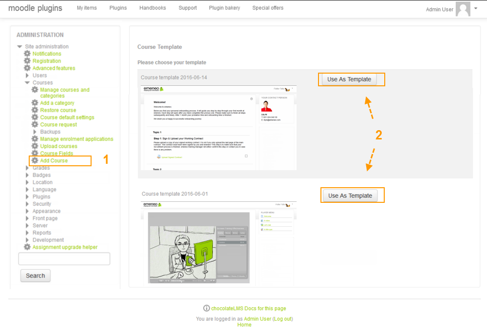 Screenshot of Course Template Plugin